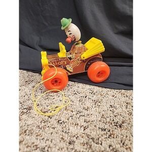 Vintage 1965 Fisher Price Jolly Jalopy Clown Drive Wooden Pull Toy #724